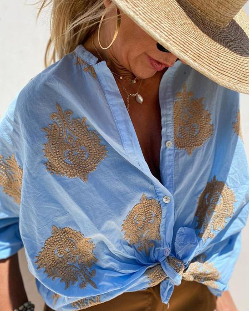 SALMA - Camisa casual de algodón y lino bordada