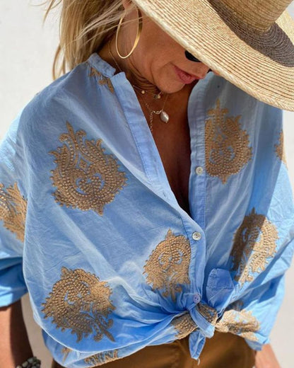 SALMA - Camisa casual de algodón y lino bordada