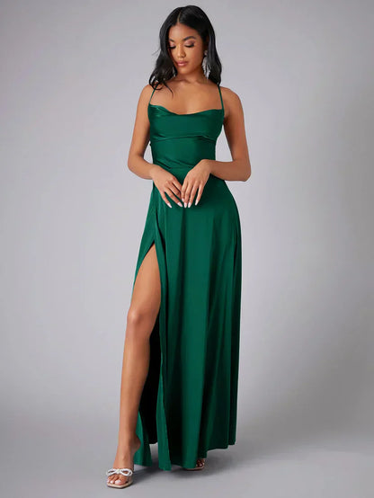 Vestido Maxi de Noche con Tirantes de Espagueti para Mujeres con Alta Rendija