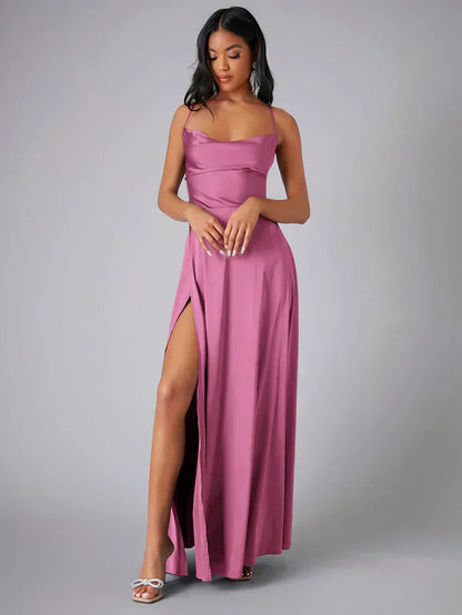 Vestido Maxi de Noche con Tirantes de Espagueti para Mujeres con Alta Rendija