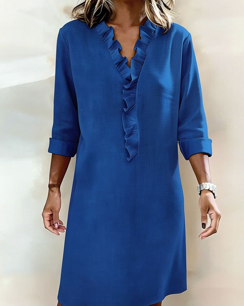 Vestido Sólido con Volantes y Cuello en V