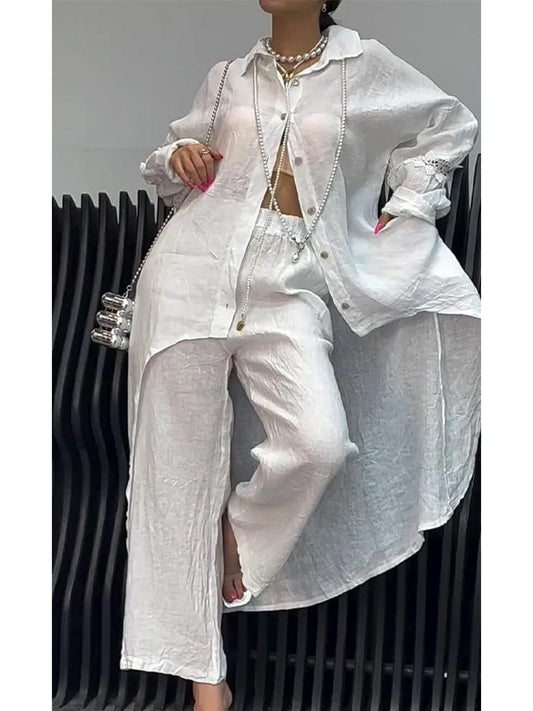 Conjunto de Top y Pantalones de Manga Larga con Dobladillo Irregular