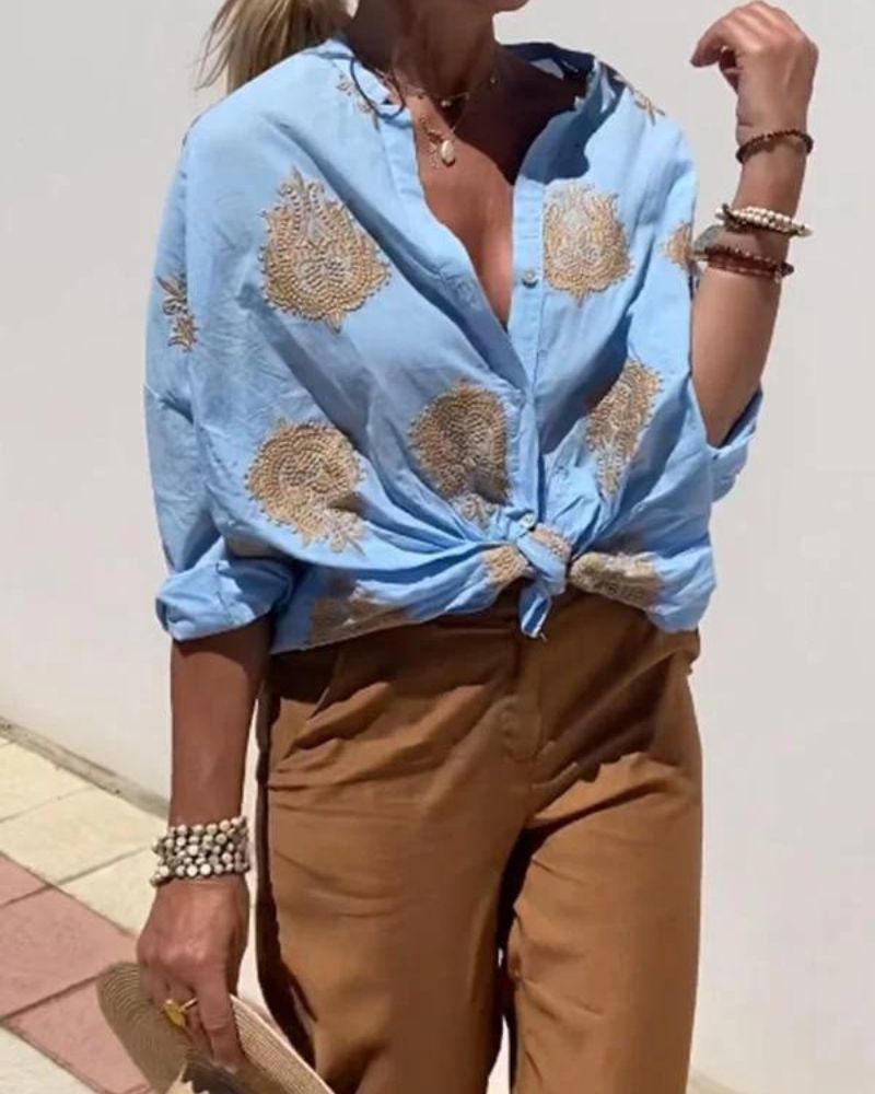 SALMA - Camisa casual de algodón y lino bordada