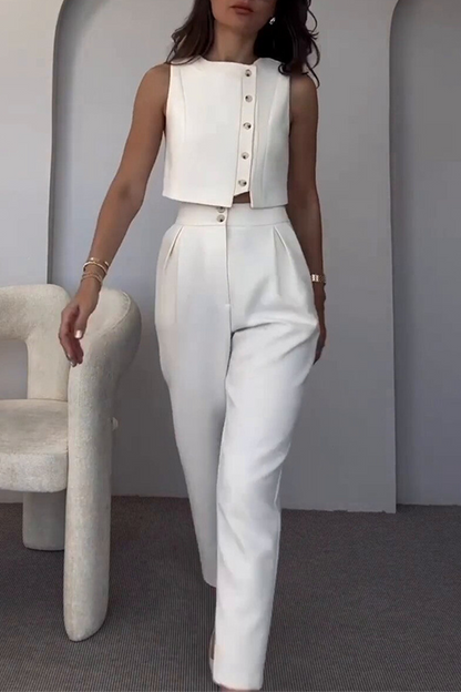 CYRA – CONJUNTO CASUAL DE DOS PIEZAS SIN MANGAS EN COLOR SÓLIDO