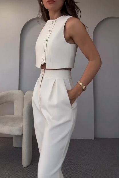 CYRA – CONJUNTO CASUAL DE DOS PIEZAS SIN MANGAS EN COLOR SÓLIDO
