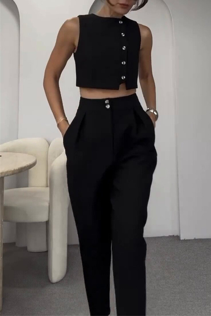 CYRA – CONJUNTO CASUAL DE DOS PIEZAS SIN MANGAS EN COLOR SÓLIDO