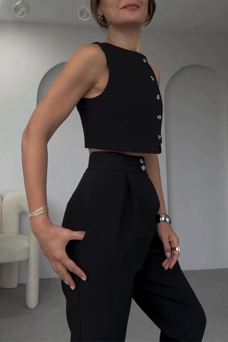 CYRA – CONJUNTO CASUAL DE DOS PIEZAS SIN MANGAS EN COLOR SÓLIDO