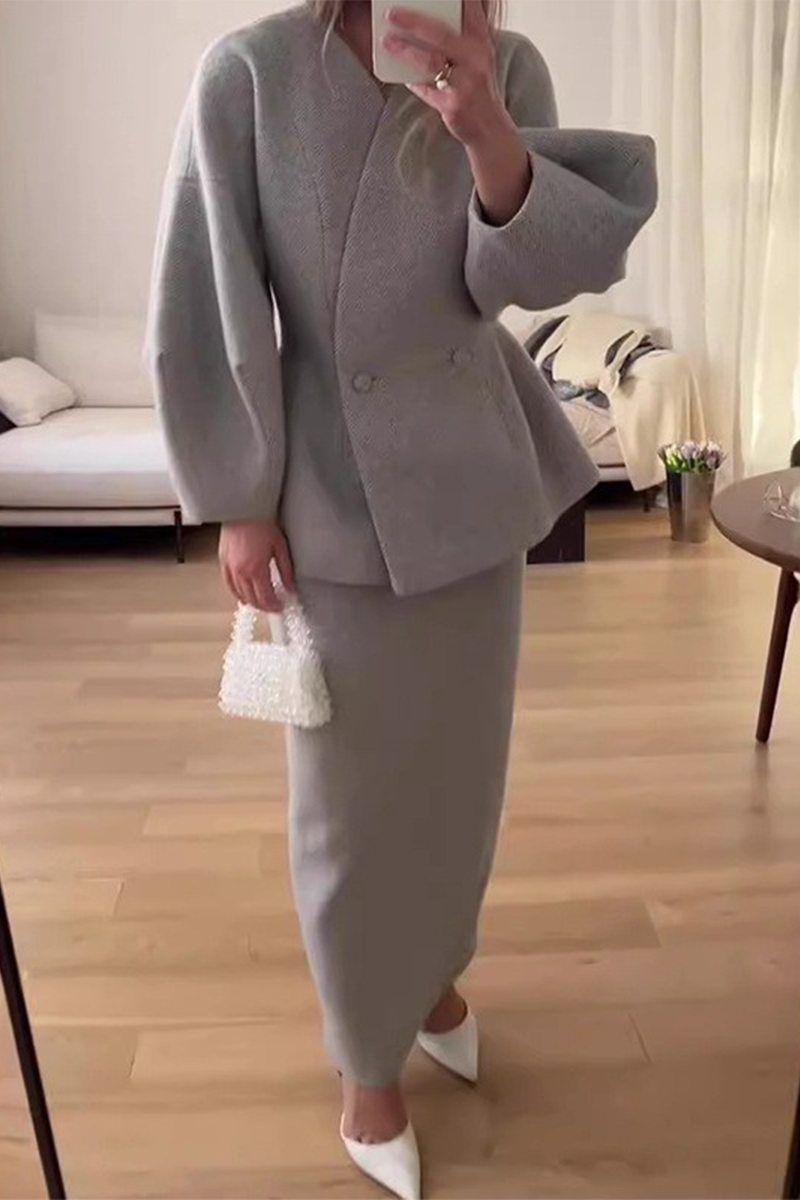CALINA – CONJUNTO DE DOS PIEZAS ELEGANTE CON CUELLO EN V Y MANGAS LARGAS