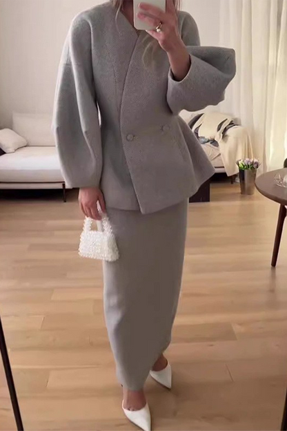 CALINA – CONJUNTO DE DOS PIEZAS ELEGANTE CON CUELLO EN V Y MANGAS LARGAS