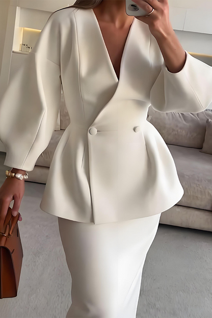 CALINA – CONJUNTO DE DOS PIEZAS ELEGANTE CON CUELLO EN V Y MANGAS LARGAS