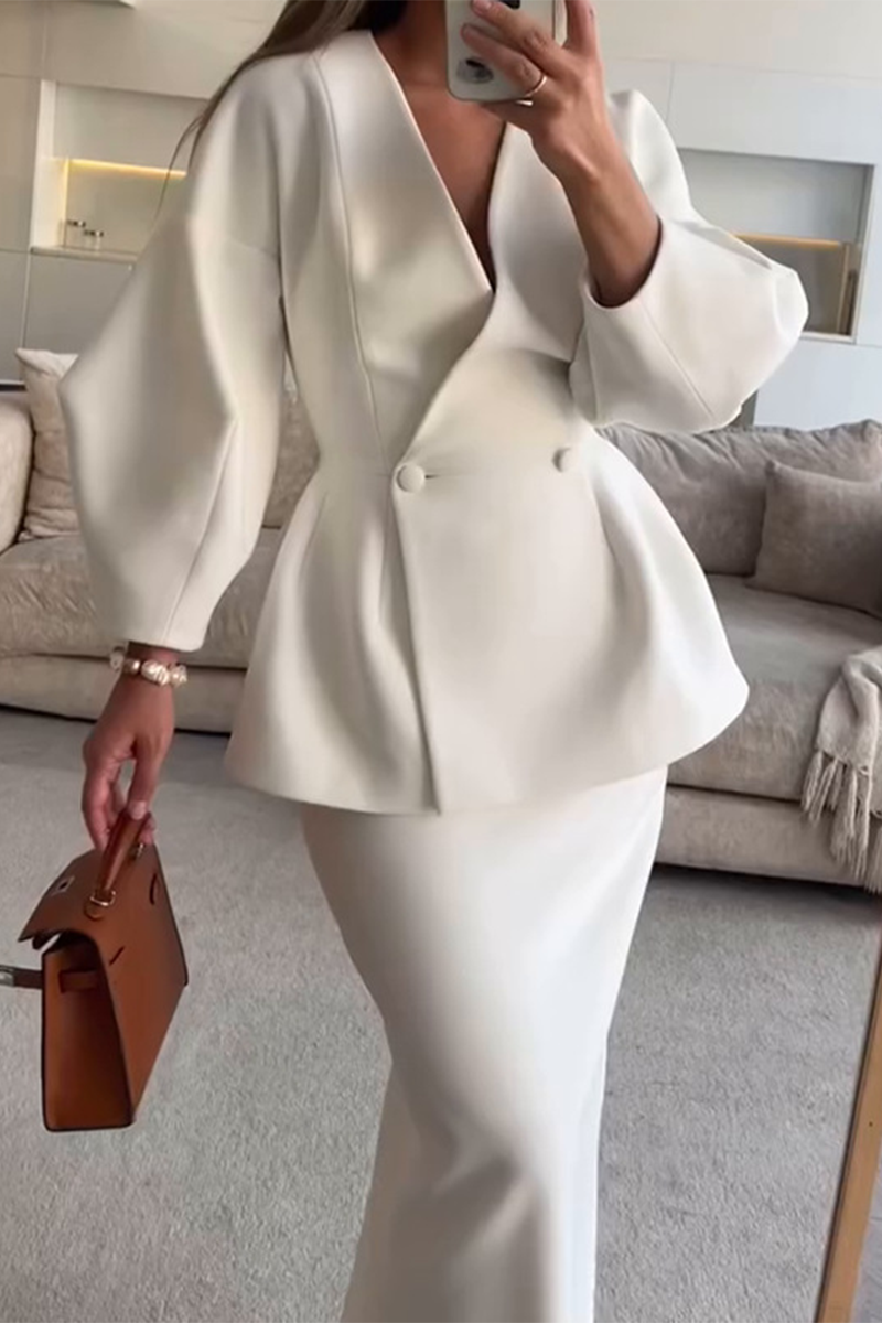 CALINA – CONJUNTO DE DOS PIEZAS ELEGANTE CON CUELLO EN V Y MANGAS LARGAS