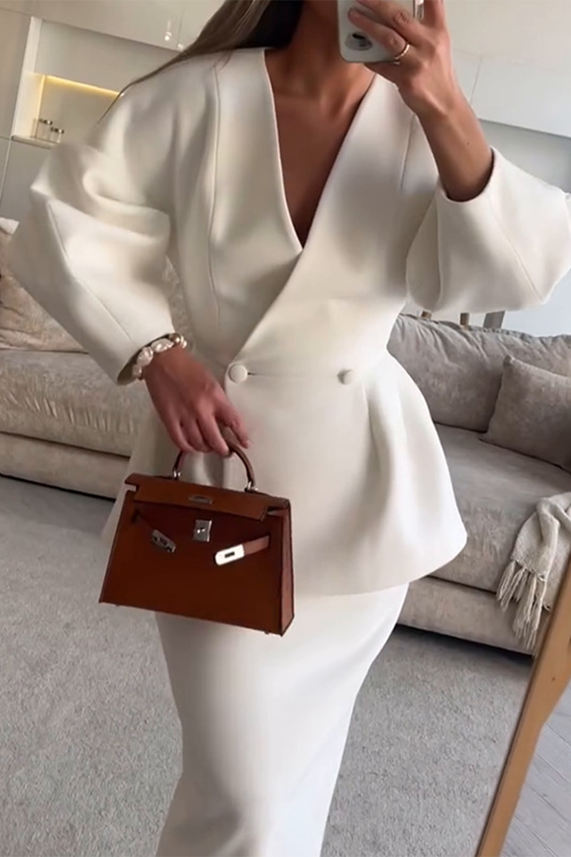 CALINA – CONJUNTO DE DOS PIEZAS ELEGANTE CON CUELLO EN V Y MANGAS LARGAS
