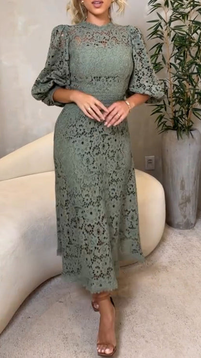 Vestido Midi de Encaje con Mangas de Linterna