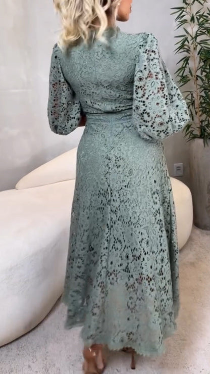 Vestido Midi de Encaje con Mangas de Linterna