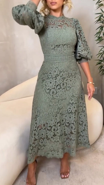 Vestido Midi de Encaje con Mangas de Linterna