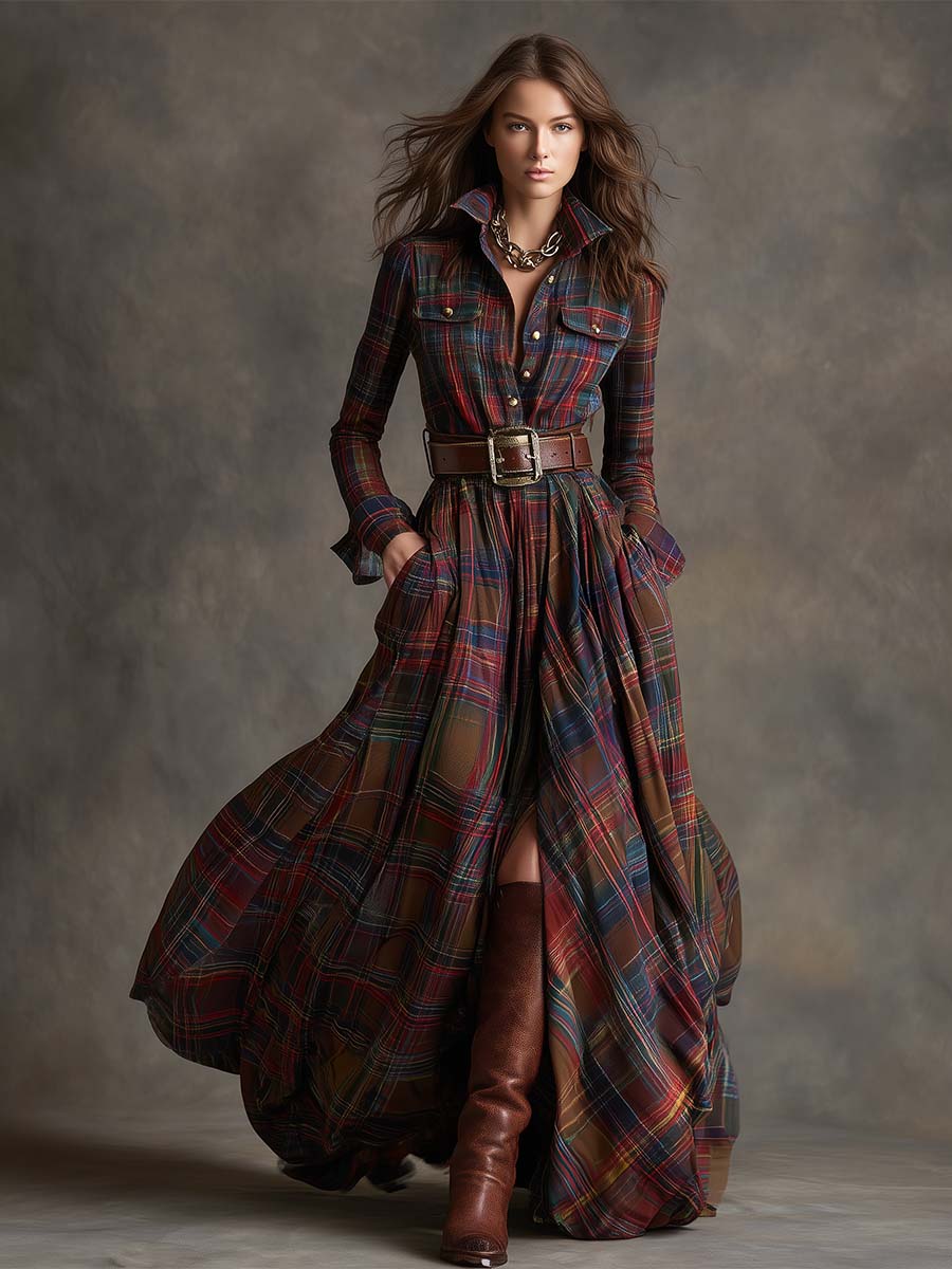 Giulia - Vestido largo de cuadros en marrón rojizo con cuello y estilo étnico retro