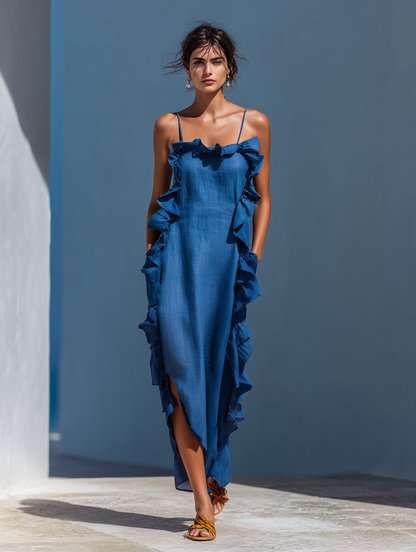 Vestido Maxi Mujer de Lino Azul con Tirantes Finos y Volantes