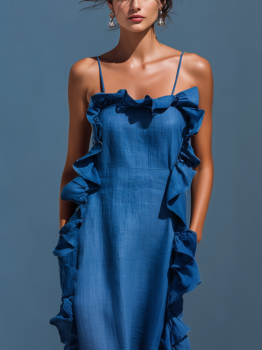 Vestido Maxi Mujer de Lino Azul con Tirantes Finos y Volantes