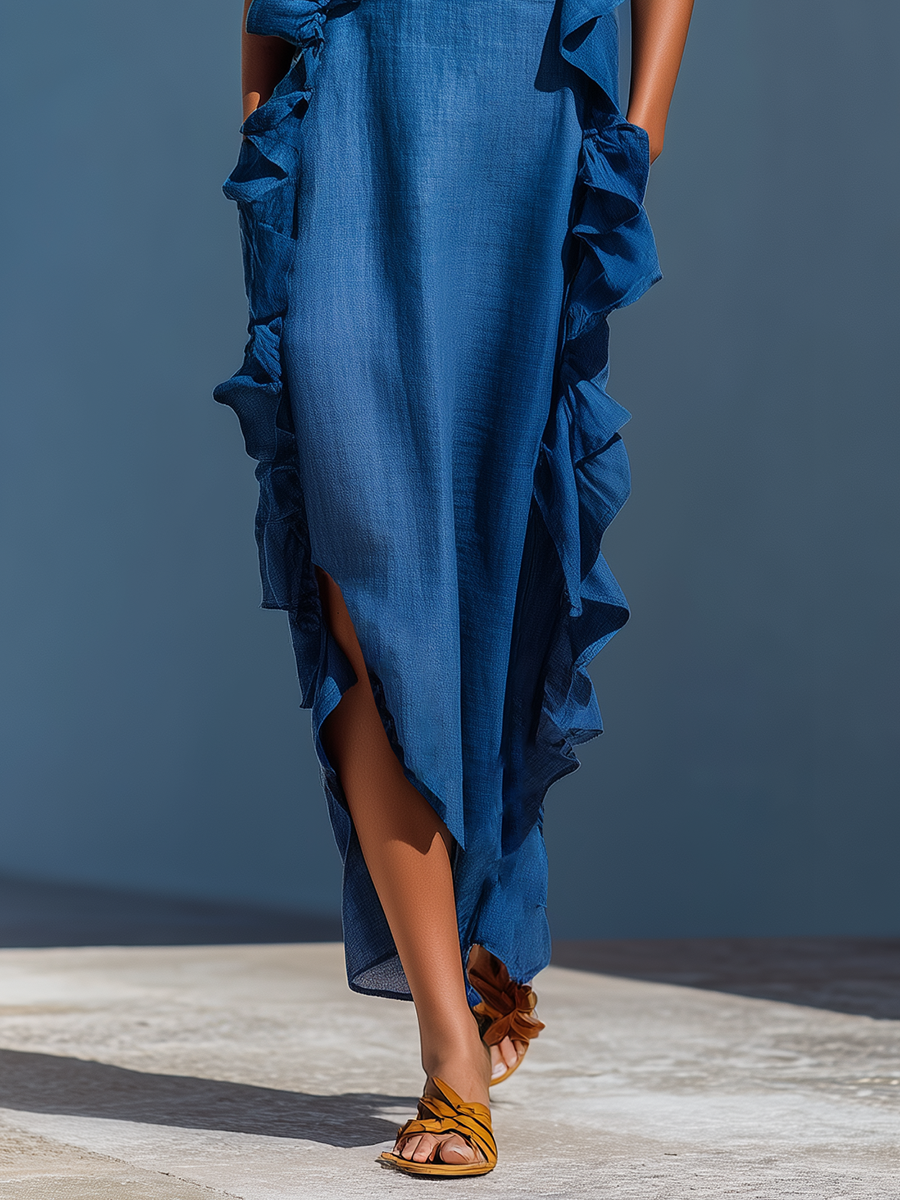 Vestido Maxi Mujer de Lino Azul con Tirantes Finos y Volantes