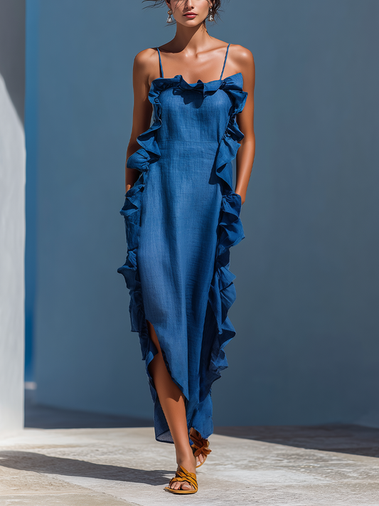 Vestido Maxi Mujer de Lino Azul con Tirantes Finos y Volantes