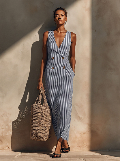 Vestido Maxi de Algodón Azul-Blanco a Rayas para Mujer con Estilo Blazer y Doble Botonadura, Vestido Náutico Casual Atemporal