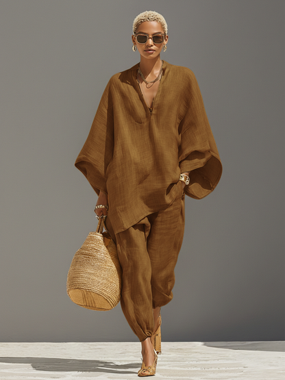 Conjunto Neutro de Lino para Mujer con Dobladillo Asimétrico y Diseño Minimalista, Estilo Diario-Casual Sofisticado