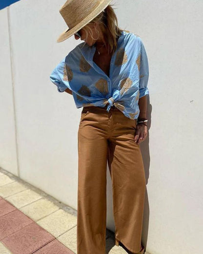 SALMA - Camisa casual de algodón y lino bordada
