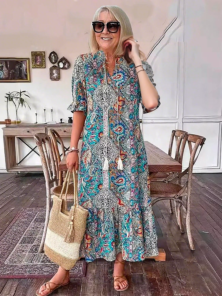 Mevelyn - Vestido Bohemio de Paisley con Borlas