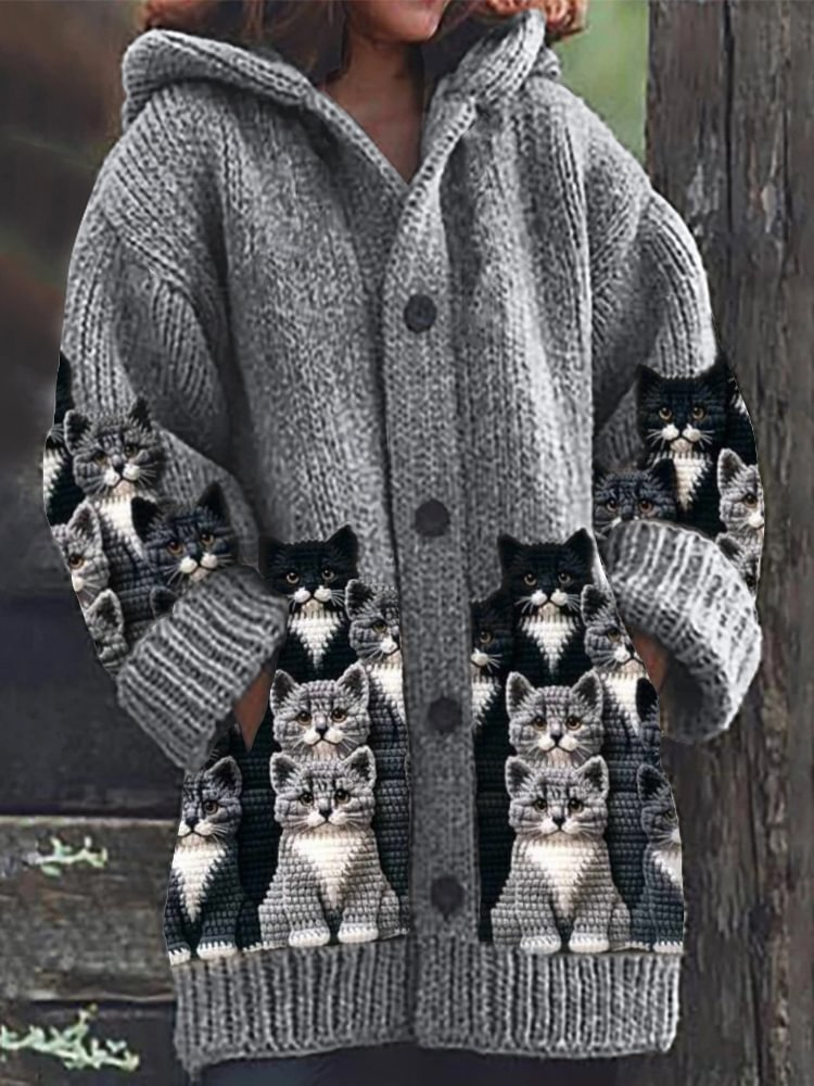Jasmin - Cárdigan de Punto Acogedor con Estampado de Gato