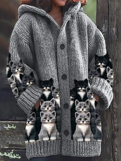 Jasmin - Cárdigan de Punto Acogedor con Estampado de Gatos