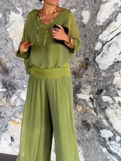ESMERALDA – CONJUNTO DE PANTALONES ANCHOS DE CHIFFON ELEGANTE DE DOS PIEZAS