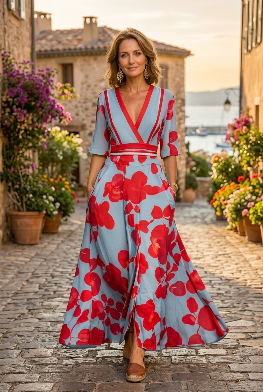 Vestido Largo con Escote en V - Elegancia Atemporal