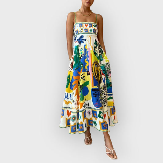 ISLA – VESTIDO DESLIZANTE CON ESTAMPADO DE GRAFFITI GEOMÉTRICO CHIC