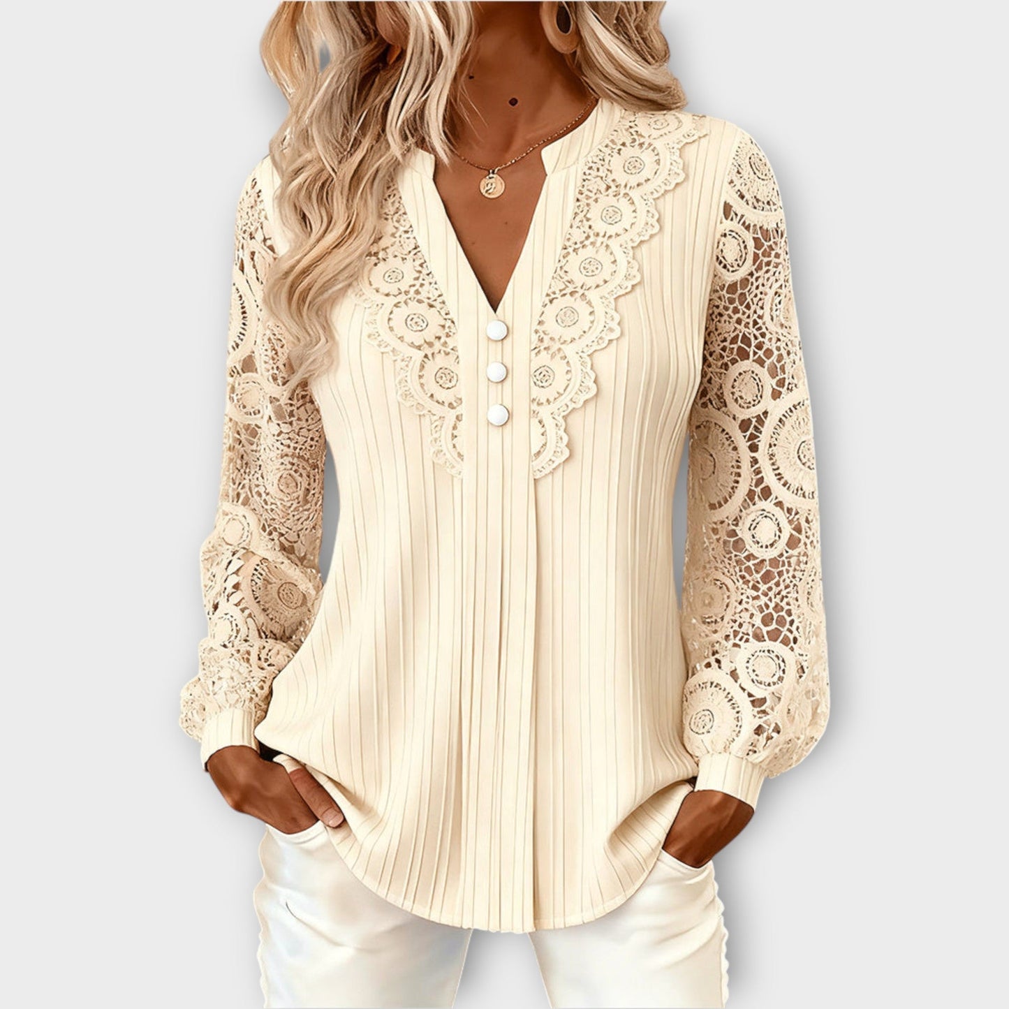 Blusa Plisada con Mangas de Encaje Elegante