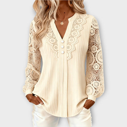 Blusa Plisada con Mangas de Encaje Elegante