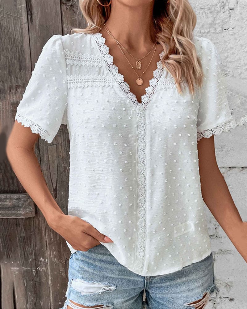 ZOE | Blusa de Encaje con Mangas Cortas y Escote en V