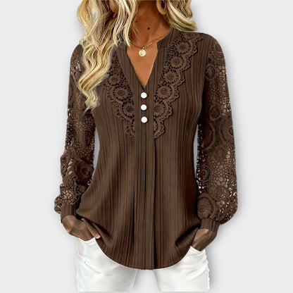 Blusa Plisada con Mangas de Encaje Elegante
