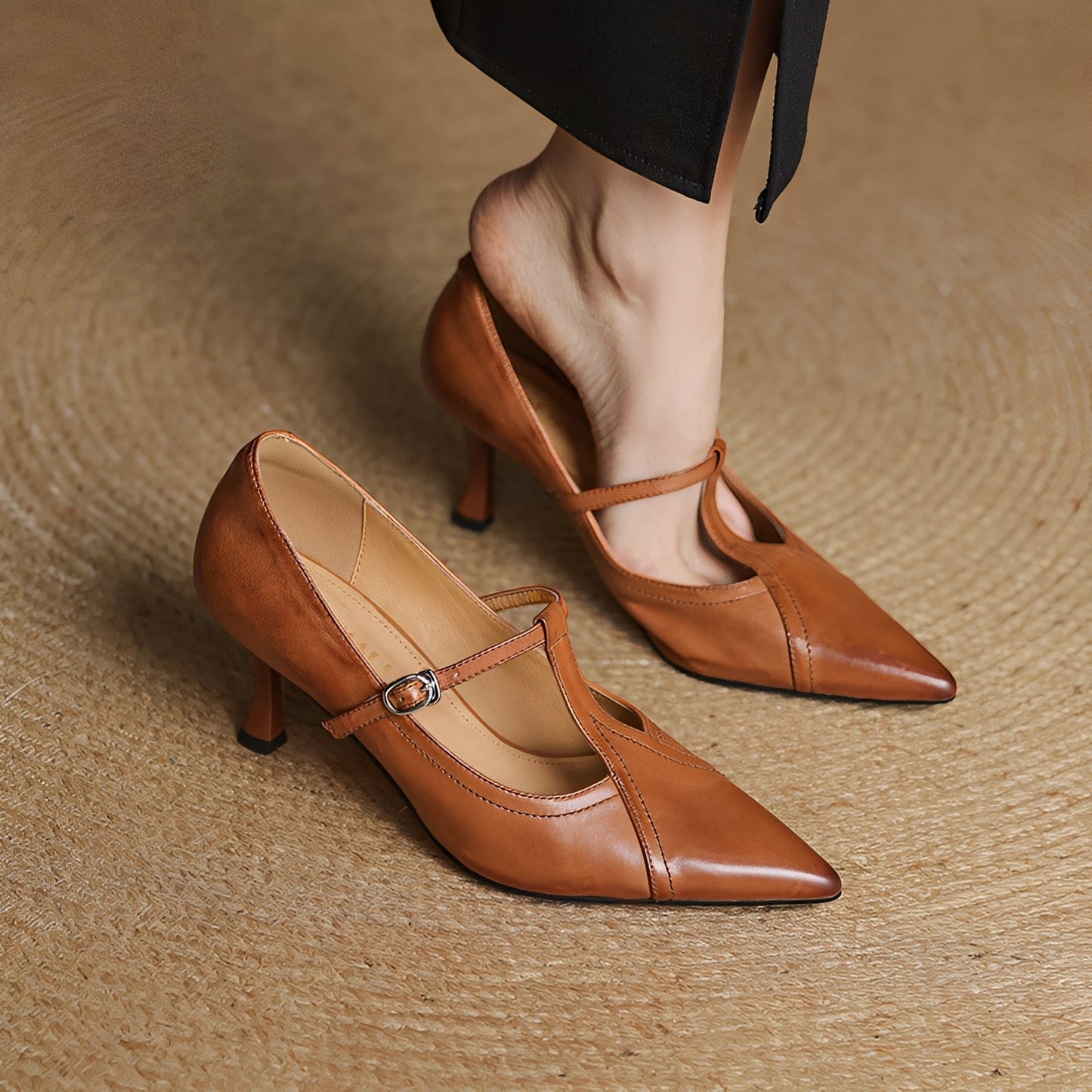 Josie - Elegantes zapatos de tacón de piel con cierre en T para mujeres