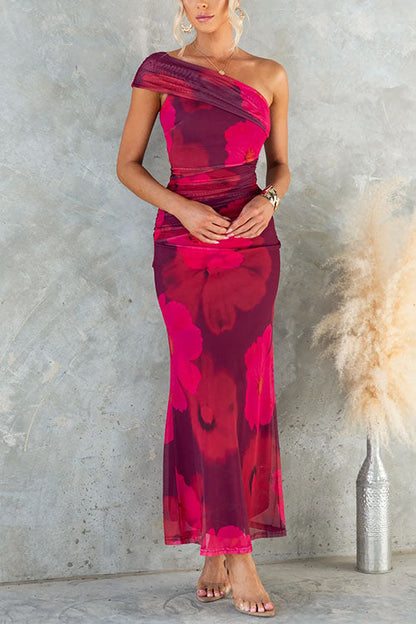 Vestido Maxi Bodycon de Malla con Estampado Floral de Un Hombro
