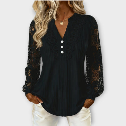 Blusa Plisada con Mangas de Encaje Elegante