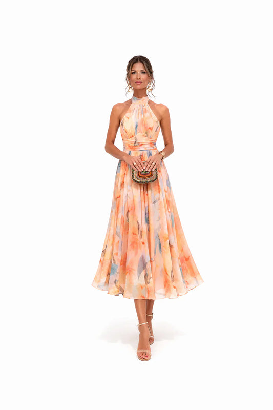 Esther | Vestido con Cuello Halter y Estampado Acuarela
