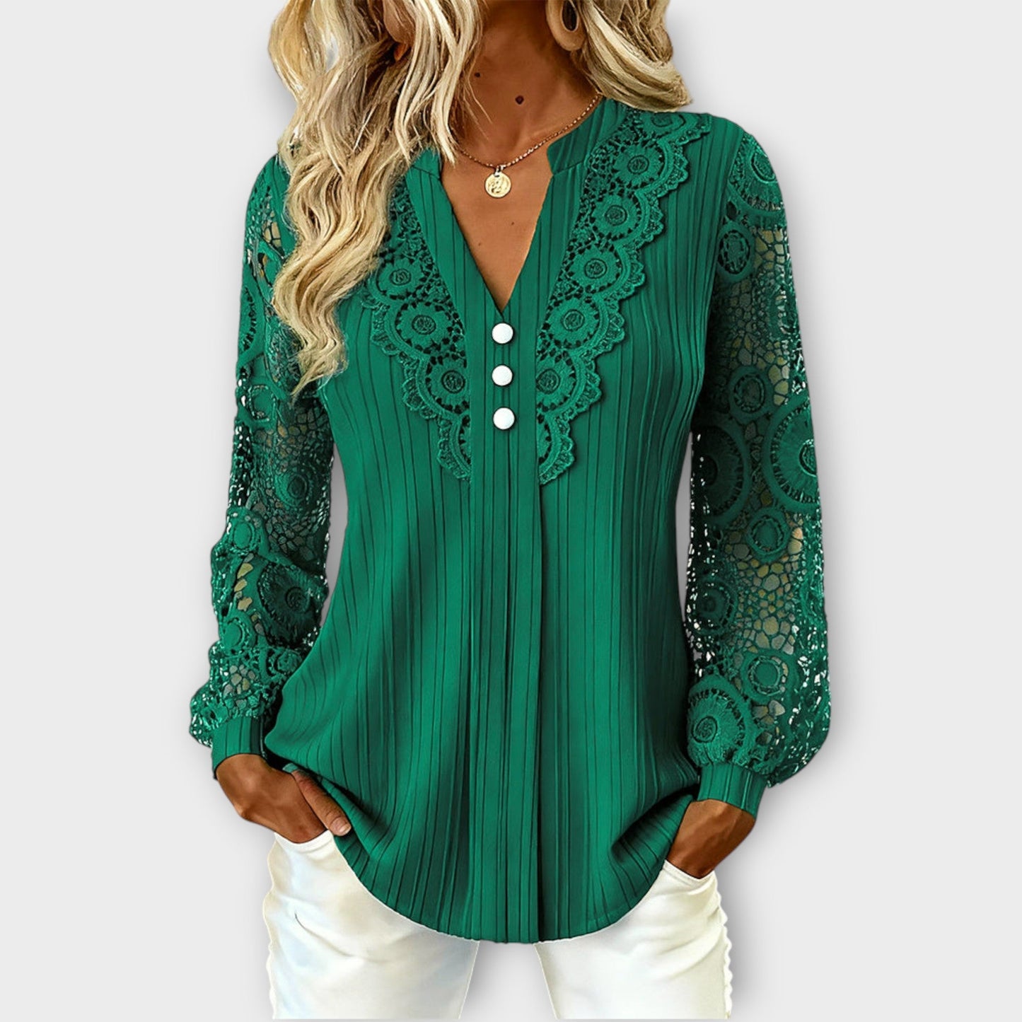 Blusa Plisada con Mangas de Encaje Elegante