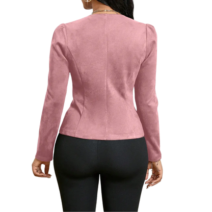 Blazer Corto con Hombreras – Chaqueta de Escote en V con Doble Botón