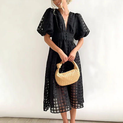 Caelis | Vestido Midi con Mangas Abullonadas de Patrón Clásico