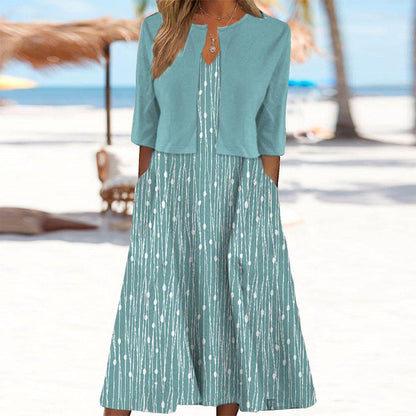 Vestido Midi Único con Estampado de Plantas en Azul y Chaqueta