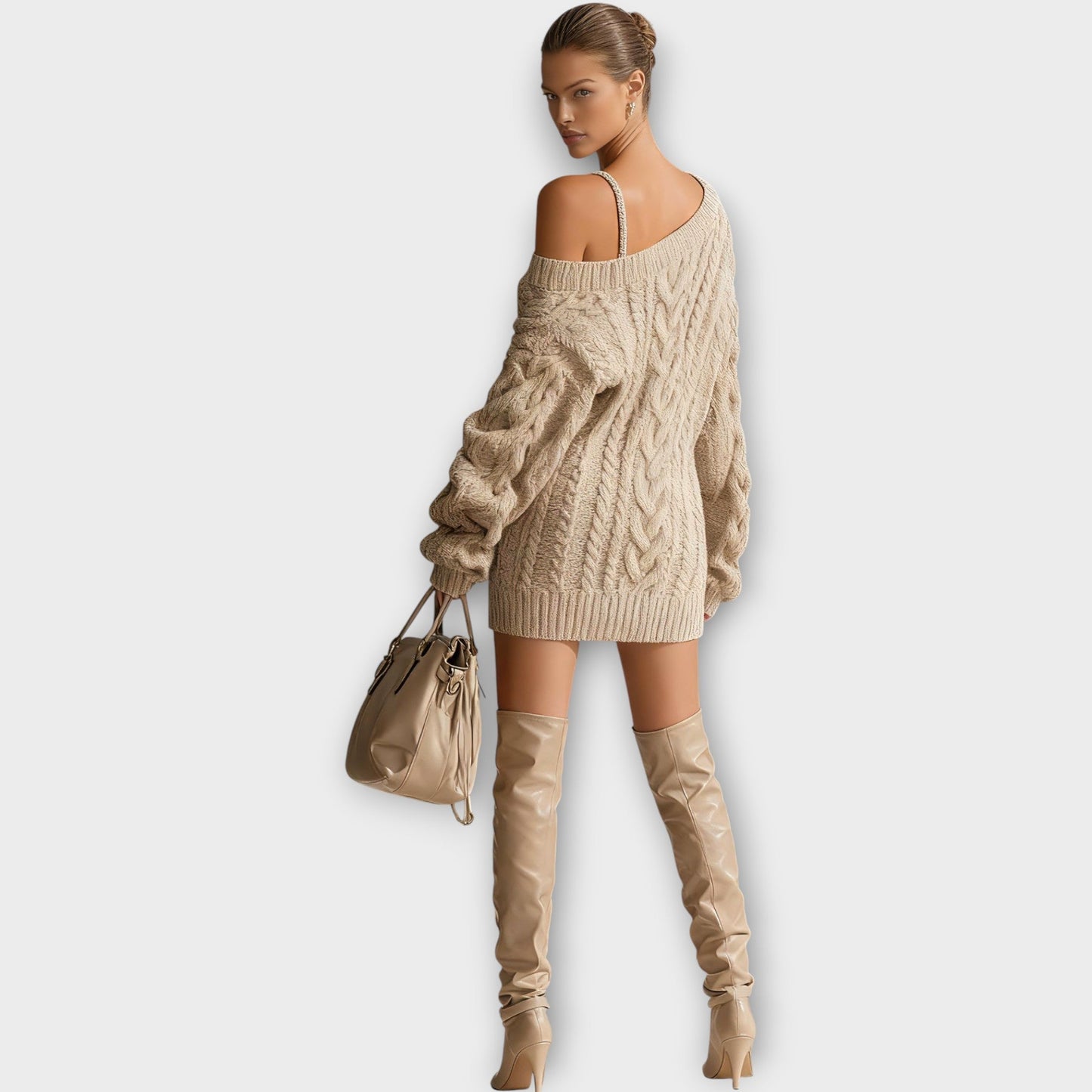 Vestido Suéter de Punto Trenzado con Hombros Descubiertos