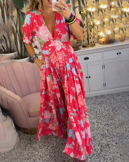 Catrisa ~ Vestido Floral con Escote en V y Bolsillos