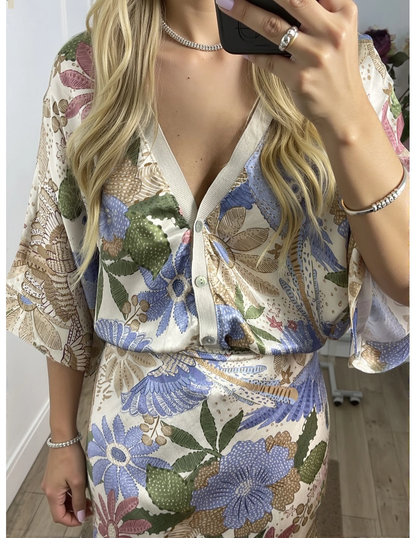 Elegante Camisa Off-shoulder de Satén con Estampado Floral