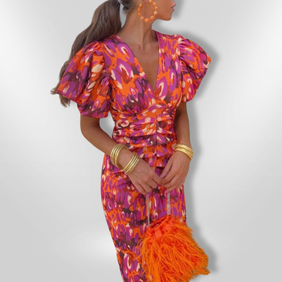 Robe Midi Elegante con Mangas Voluminosas