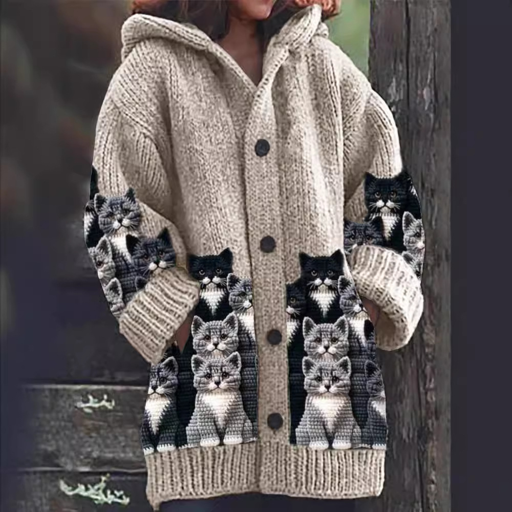 Jasmin - Cárdigan de Punto Acogedor con Estampado de Gato